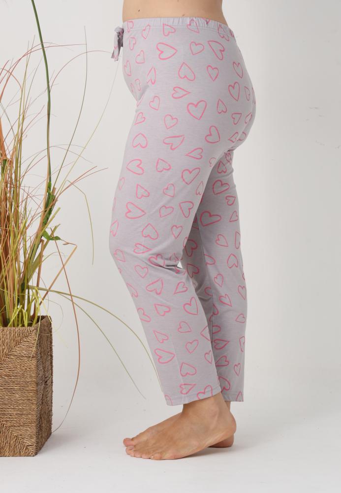 Pantaloni de Pijama Dama Lungi,Big Size,Culoare Gri cu Inimi Roz, Engros